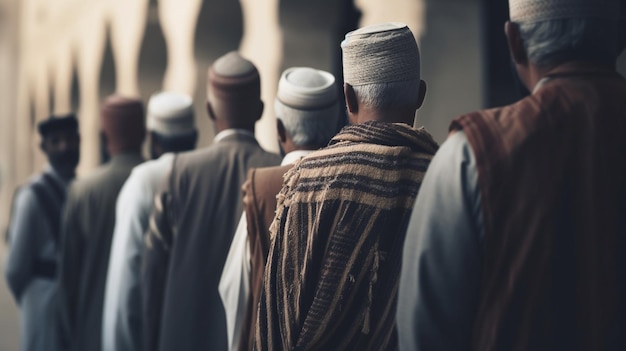 A line of men in hats stand in line at a mosque