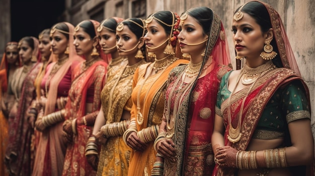 A line of models wearing saris, one of which is wearing a sari