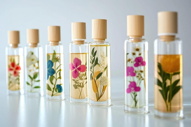 Line of organic spring perfumes bottles with floral designs clean white background minimalist and elegant