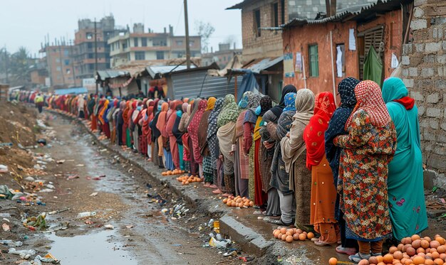 Photo a line of people standing in front of a fence with a bunch of cloths on it