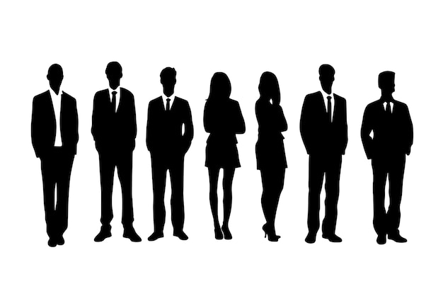 スーツとネクタイを着た男性と白い背景の前に立っている人々の列