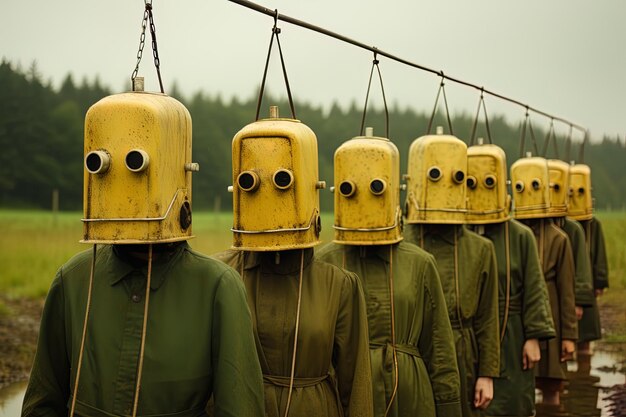 Photo a line of people with gas masks that say eyes on them