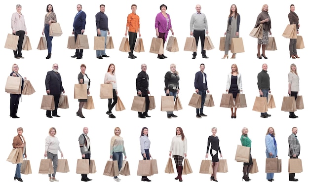 A line of people with shopping bags isolated