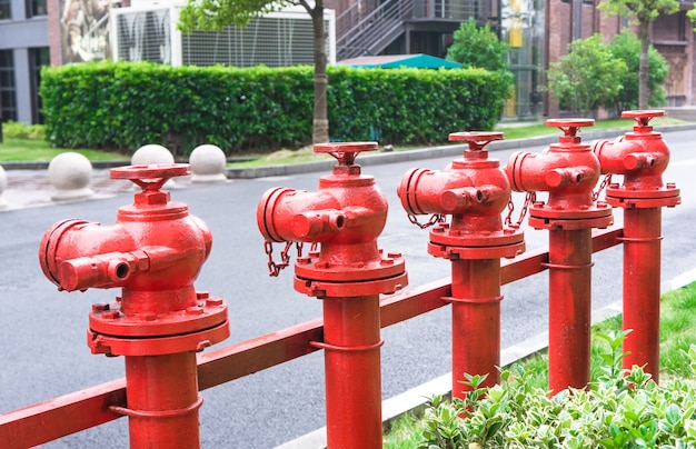 A line of red fire hydrant 