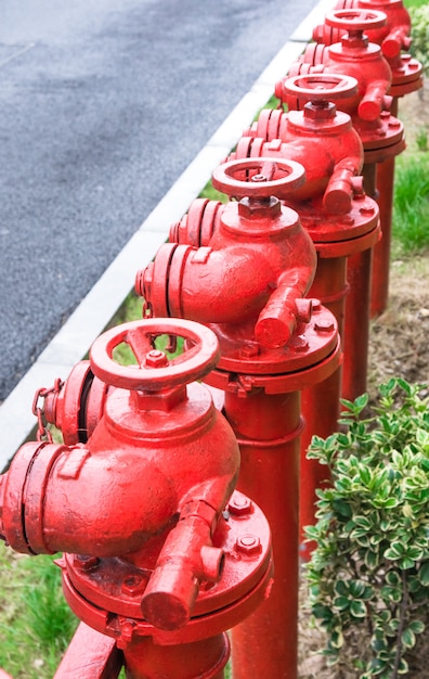 A line of red fire hydrant 