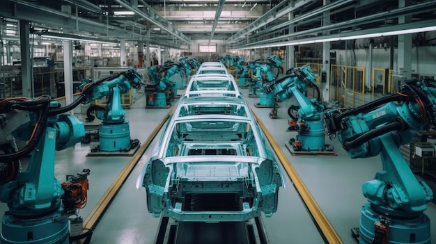 A line of robots in a factory with a robot on the right side.