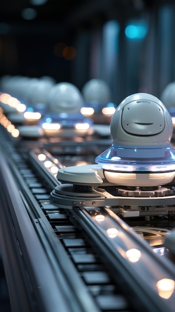 Линия роботов, движущихся по конвейерной ленте, собирающая продукты с точностью и скоростью, созданная с помощью генеративного искусственного интеллекта.