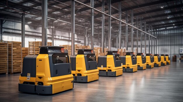 A line of robots in a warehouse with boxes on the floor.