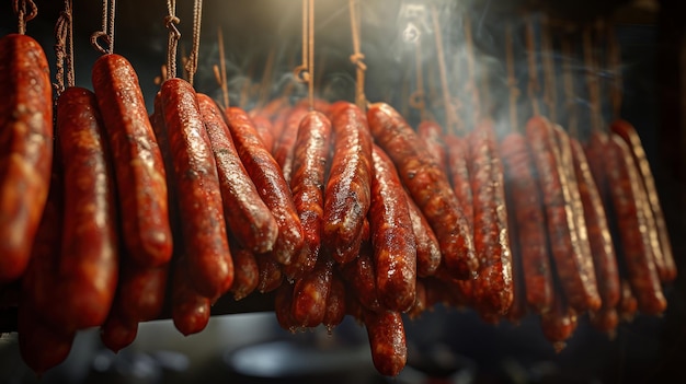 Photo line of sausages on table