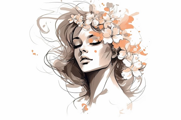 Line sketch of a woman's portrait with flowers in her hair Abstract portrait