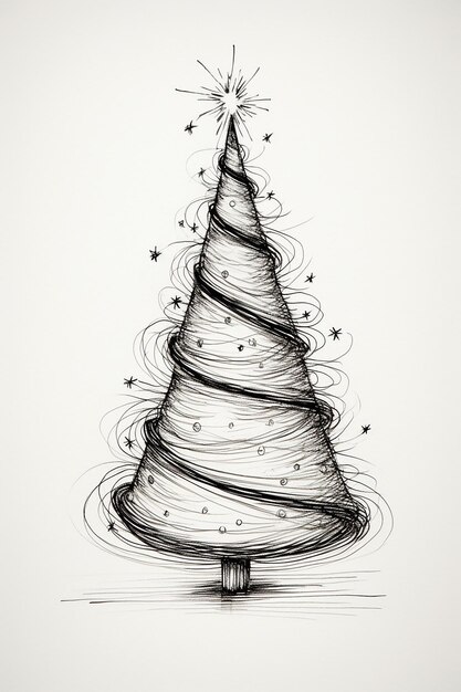 Photo line style wired christmas tree minimalist hand pencil sketch