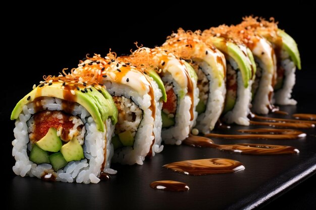 a line of sushi rolls lined up on a black table