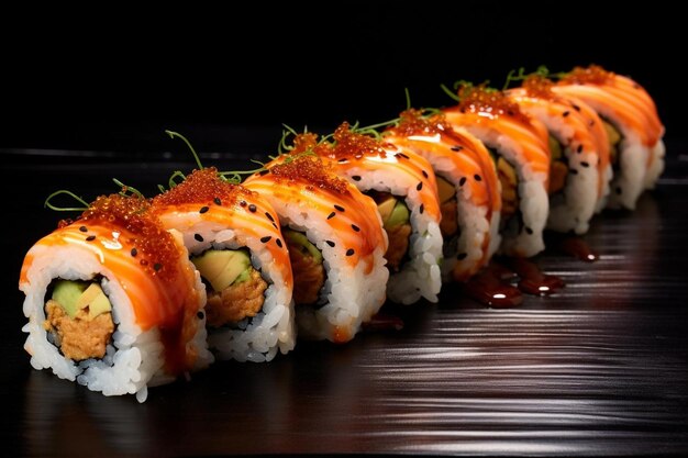 Photo a line of sushi rolls with herbs and spices on them