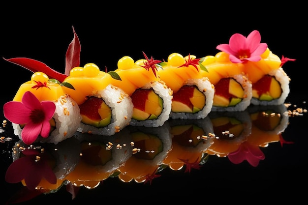 a line of sushi rolls with a pink flower in the middle