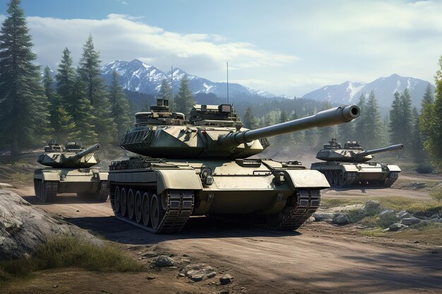 Photo a line of tanks are lined up in a field with mountains in the background