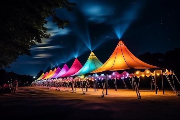 a line of tents lit up at night