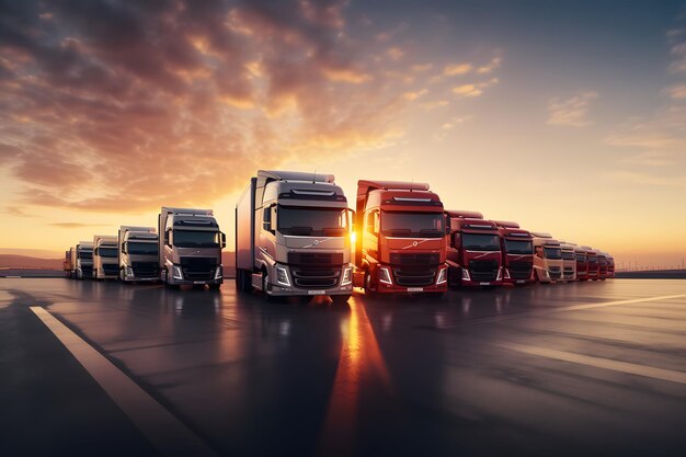 Photo a line of trucks with the sun setting behind them