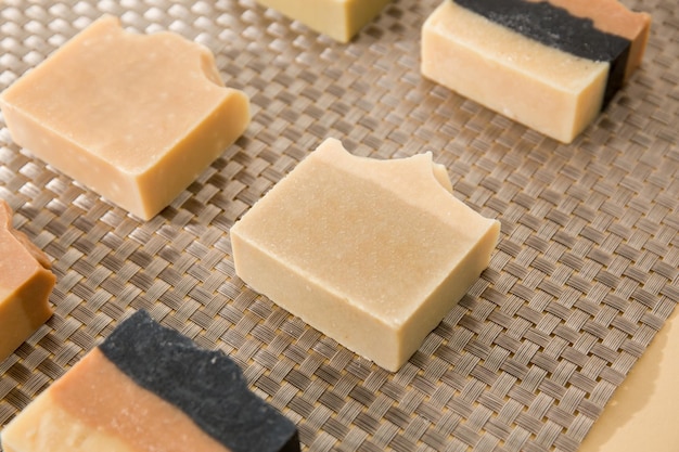 Line up of different hand made soap bar on the table