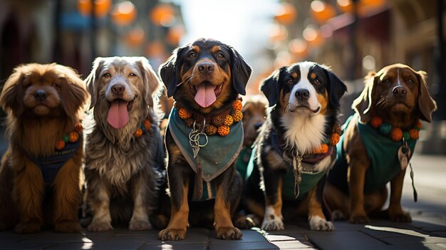 Line-up van schattige honden met levendige zakdoeken die de vreugde en vriendschap van huisdieren in stedelijke gebieden vastleggen