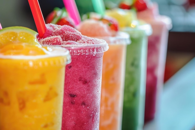 A line of various color beverages with straws arranged neatly in a row on a table A refreshing image of icecold smoothies in a variety of flavors AI Generated