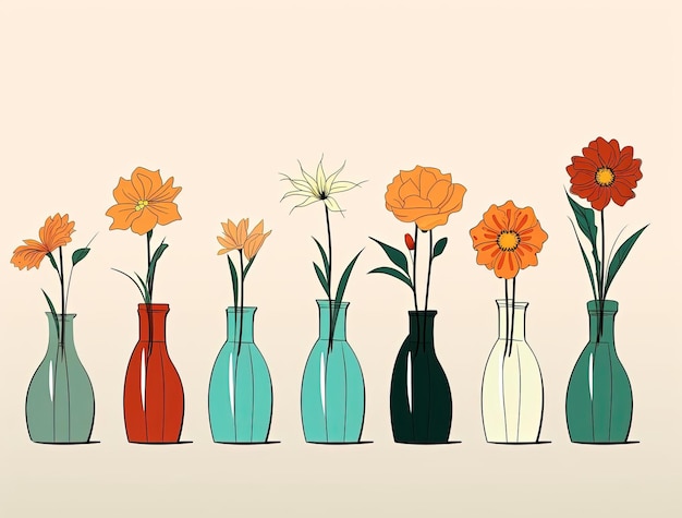 a line of vase flowers in the style of simple