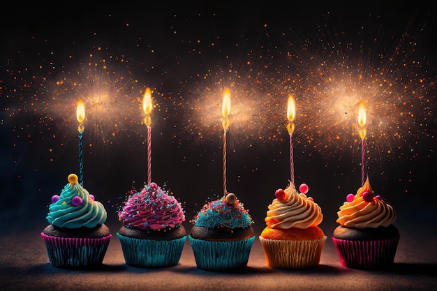 A line of vibrant cupcakes and sparklers