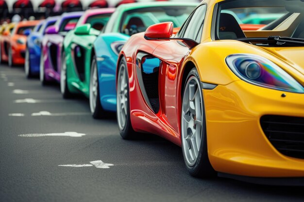 Photo a line of vibrant sports cars zoom down a bustling street creating a lively scene multicolored sports cars lined up and ready to blaze through the track ai generated