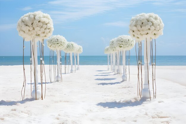 Line Of White FlowersTopped Brown Wooden Pillars