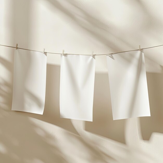 Photo a line of white papers hanging on a line with shadows on the wall