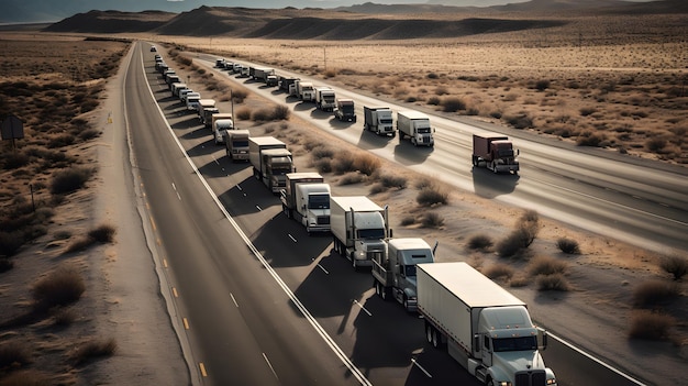 Photo a line of white trucks on a highway with the word highway on the side.