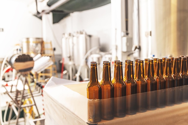 Line with empty brown beer bottles