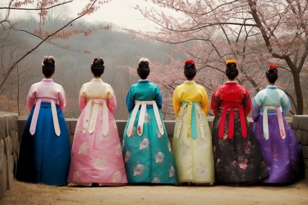 A line of women in colorful hanbok