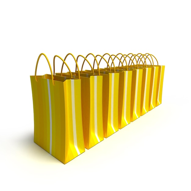 A line of yellow striped shopping bags on a white background