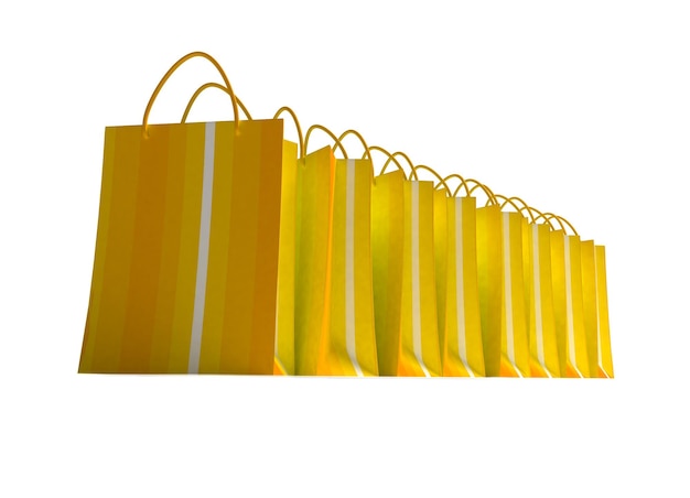 Photo a line of yellow striped shopping bags on a white background