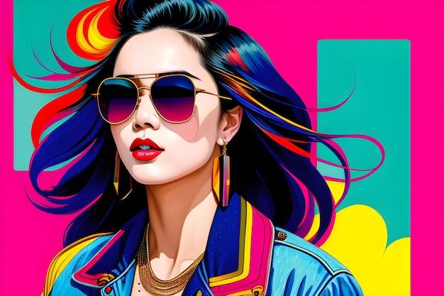 아름 다운 펑크 아시아 여자 다채로운 표현주의 유화의 선형 예술 그림