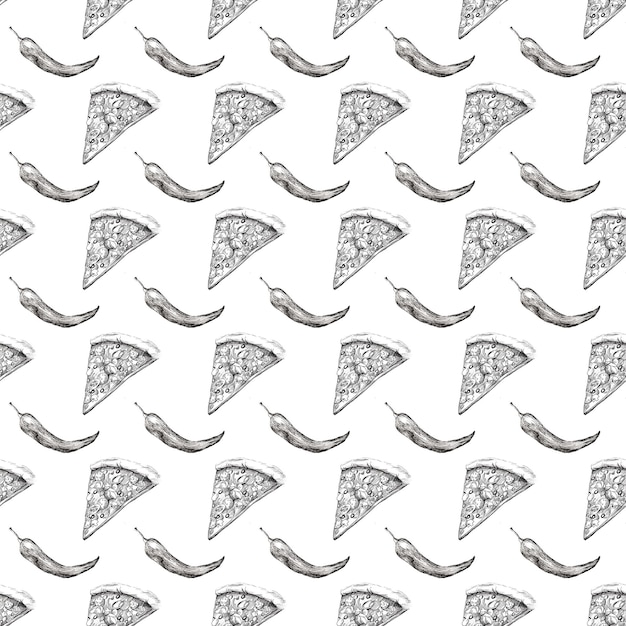 ピザの線画テキスタイルのシームレスなパターン メニュー デザインの黒と白のテンプレート