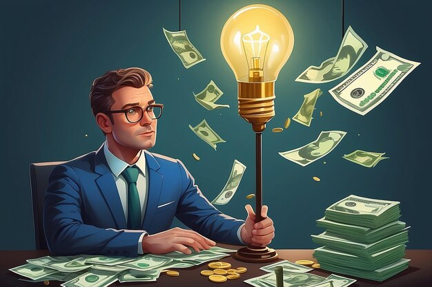 Linear Flat Investor denkt na over deposito lamp en geld biljetten rond illustratie