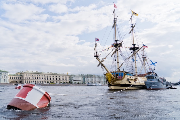 Linear frigate Poltava on the Neva river, the city center. 