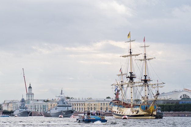 Linear frigate Poltava on the Neva river, the city center. 