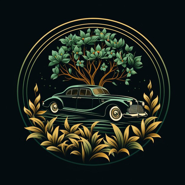 Photo linear image of car with leaves simple logo black background