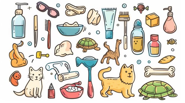 Photo linear modern illustration featuring domestic cats dogs parrots rabbits turtles fish in aquariums food bowl comb scissors leashes bones cosmetic bottles and comb with scissors