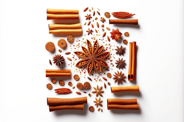 Lined inflorescences of cinnamon on white background and dry cinnamon sticks