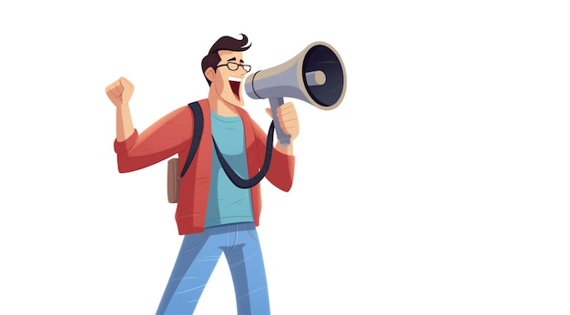 Photo lineless cartoony gen z man speaking with a megaphone