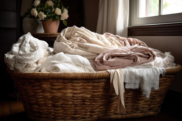 Linen basket overflowing with freshly laundered linens created with generative ai