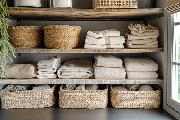 Linen cupboard in bathroom with shelves baskets towel organizer and toiletries in scandinavian style