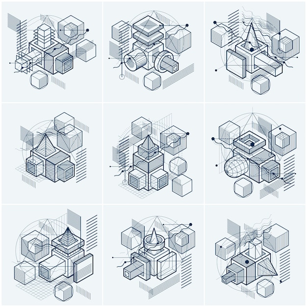 Фото Линии и формы абстрактные векторные изометрические 3d фоны. макеты кубов, шестиугольников, квадратов, прямоугольников и различных абстрактных элементов. векторная коллекция.