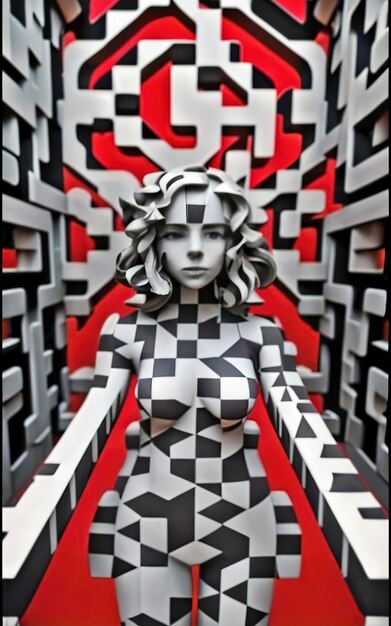 Фото Иллюзия линий и квадратов деформация чех-мата черно-белое