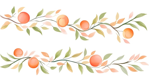 Lines of Apricot Apricot Tree Leaves and Nectarine Fruit Del Watercolor Art 2D Flat Header Footer