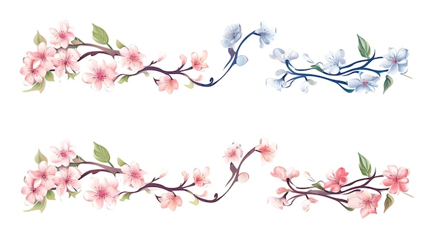 꽃 피는 체리 꽃의 선 부드러운 색상 개념 파동 보 수채화 예술 2D 평평한 헤더  ⁇ 터