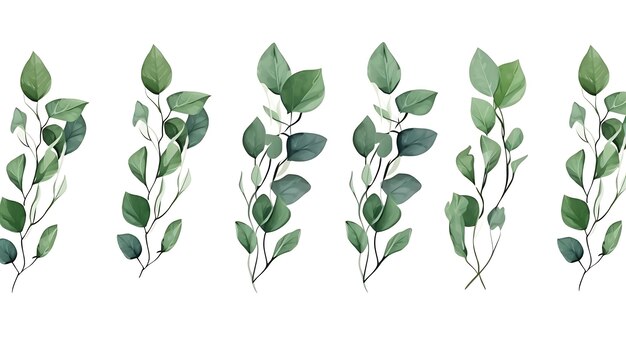 Lines of Eucalyptus Leaves Cool Green Color Concept Modern B Watercolor Art 2D Flat Header Footer